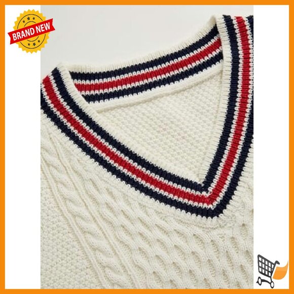 Oversized Cable Knit Sweater Vest V-Neck Sleeveless Pullover - Picture 3 of 8